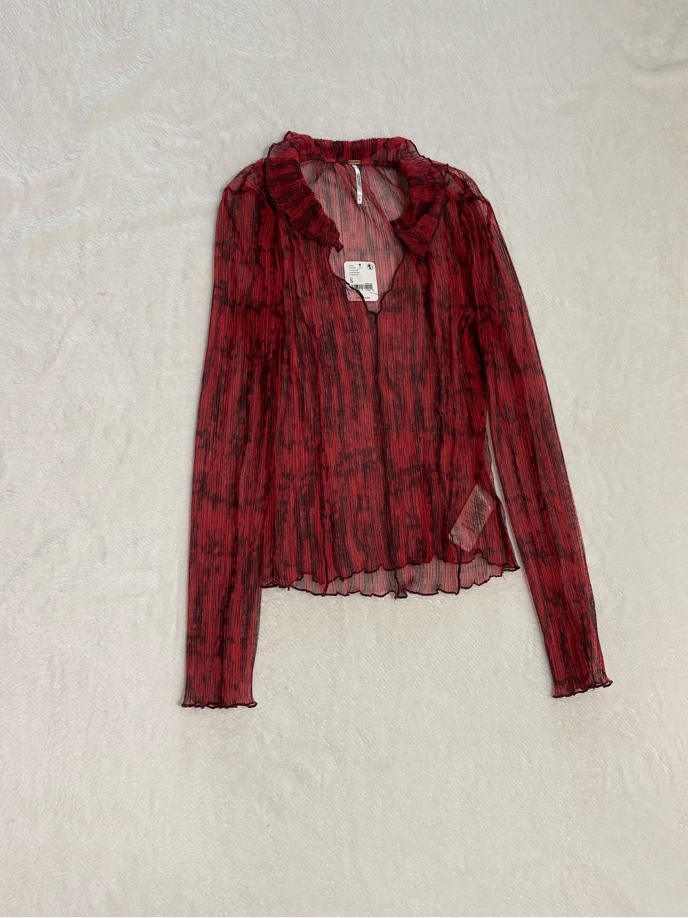 Free People Sheer Red Ruffle-Trim Long Sleeve Blouse